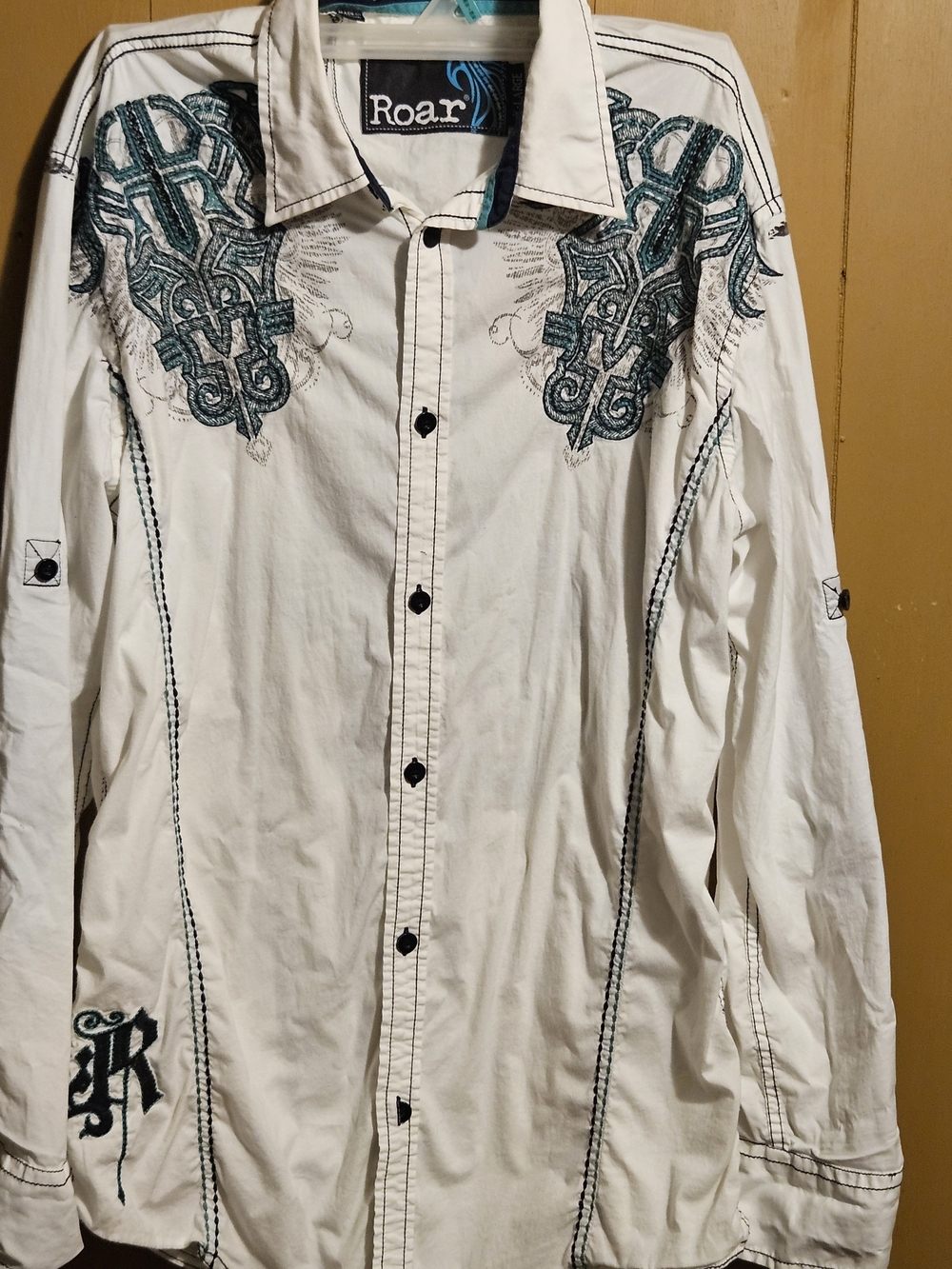 Roar Men's White Button-Up Shirt with Teal Embroidery